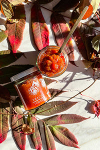 Fall colored leaves and vines are a backdrop for jars of Peach Bulgarian Pepper Tomato Honey Jam.